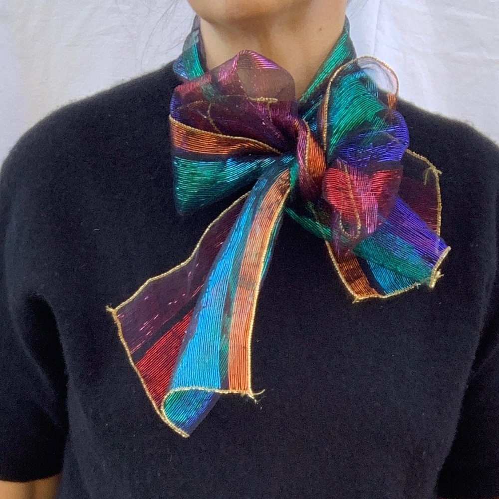 Vintage rainbow metallic thread sheer chiffon scarf